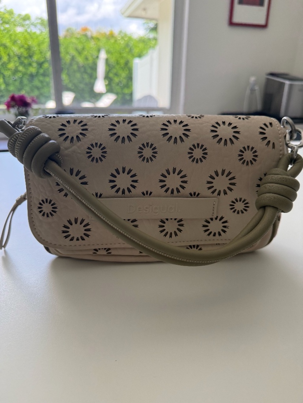 Desigual Ivory Perforated Convertible Crossbody Clutch Bag w/ Olive Knotted Stra